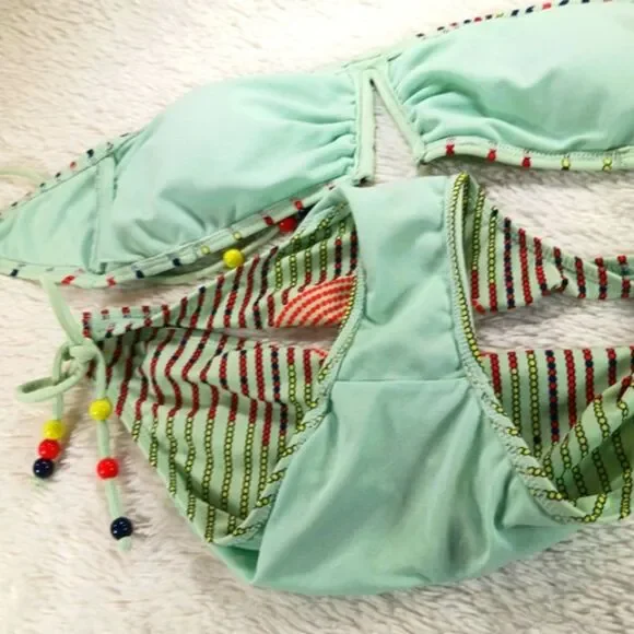 LA Hearts 2 Piece String Bikini With Strapless Bandeau Top. Retro Boho Beaded L - Picture 10 of 12